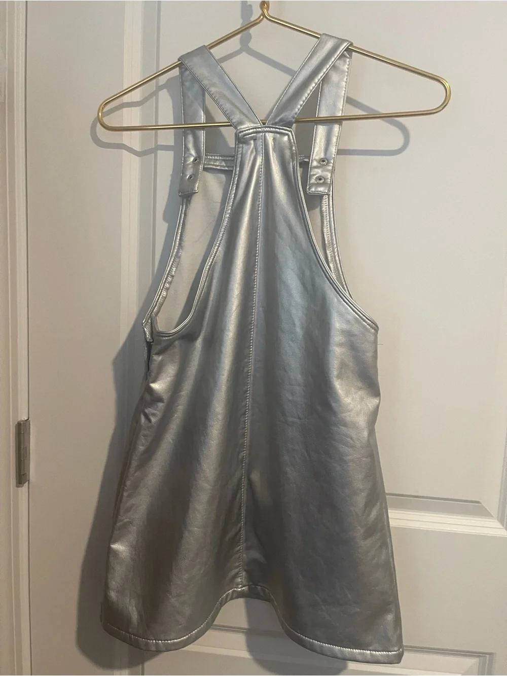 DKNY Girls' 10 Metallic Silver Faux-Leather Pinafore Dress 2 Front Pockets